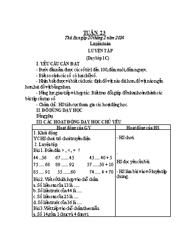 Giáo án Toán Lớp 1+2 - Tuần 23 - Năm học 2023-2024 - Phan Thị Kim Anh